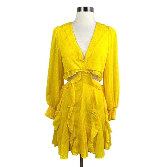 Alice + Olivia Mitzi Combo Cutout Godet Mini Dress Sunbeam - Picture 2 of 12